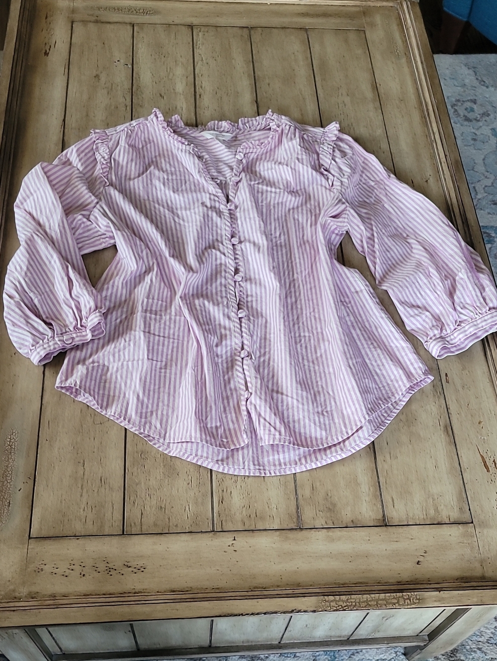 LC Lauren Conrad Pink & White Vertical Stripe Ruffle Blouse